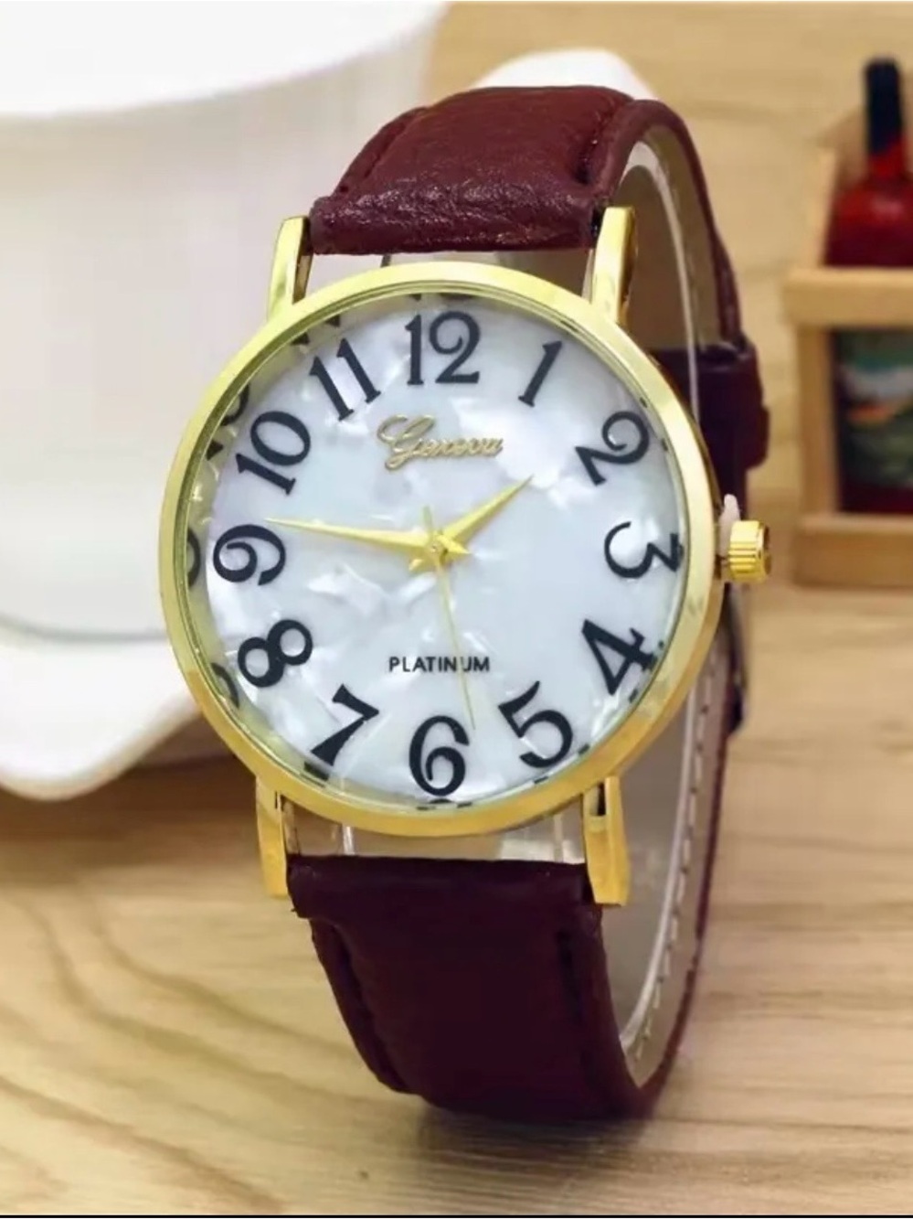 2394-175 Geneva Gold-Tone Case Watch with Maroon Leather Strap
